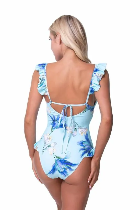 Blue Floral Ruffle One Piece Swimwear