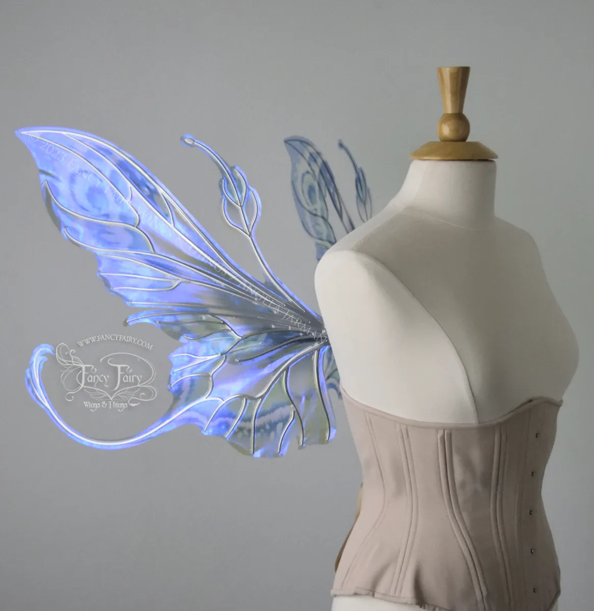 Elvina Iridescent Convertible Painted Fairy Wings in 'Blue Dream' with Silver veins