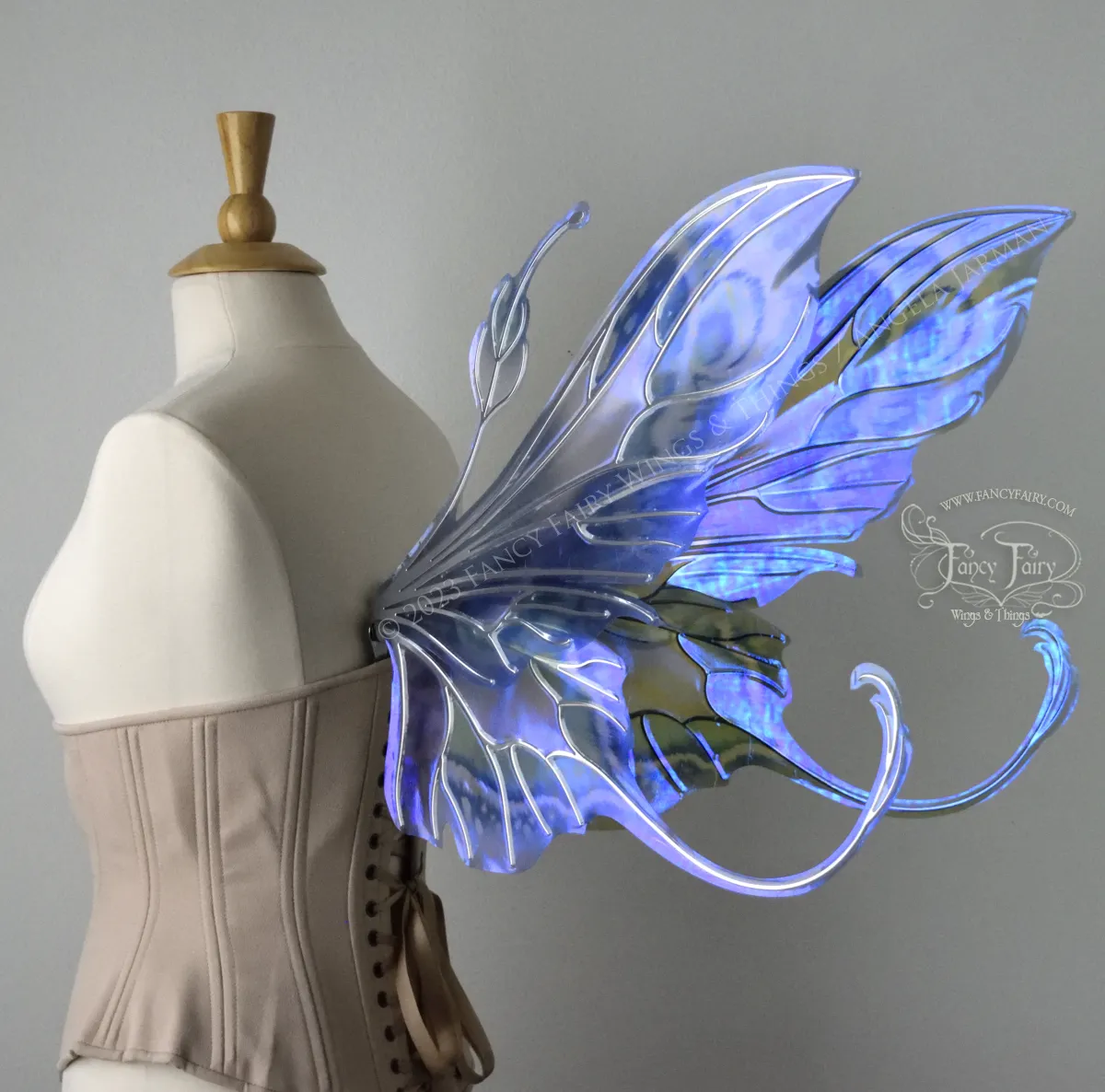 Elvina Iridescent Convertible Painted Fairy Wings in 'Blue Dream' with Silver veins