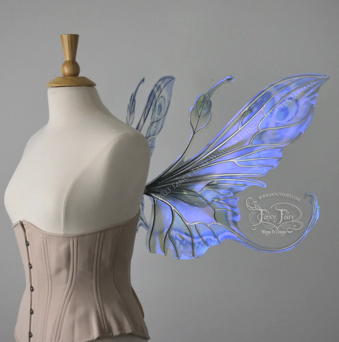 Elvina Iridescent Convertible Painted Fairy Wings in 'Blue Dream' with Silver veins