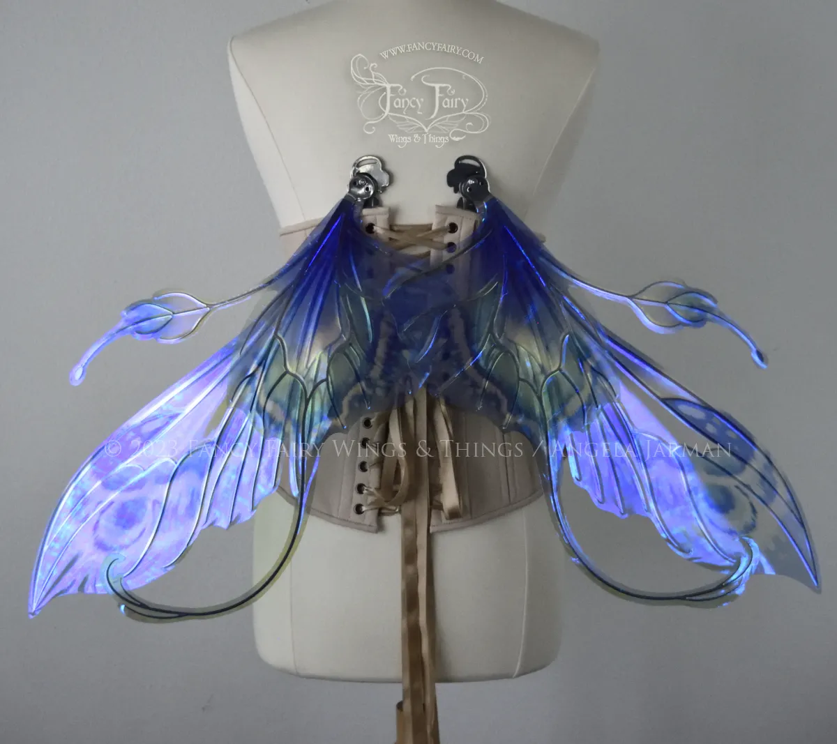 Elvina Iridescent Convertible Painted Fairy Wings in 'Blue Dream' with Silver veins