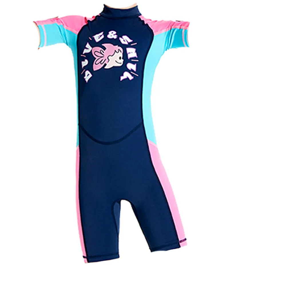 Knee Length Dive Navy Mermaid Color Block Printed Kids Swimwear In Upf 50  Fabric