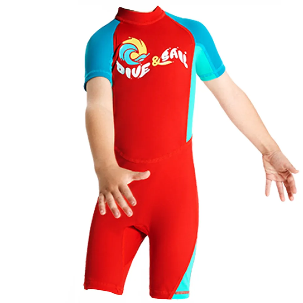 Knee Length Dive Red & Teal Green Printed Kids Swimwear In Upf 50  Fabric