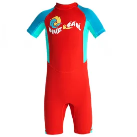 Knee Length Dive Red & Teal Green Printed Kids Swimwear In Upf 50  Fabric