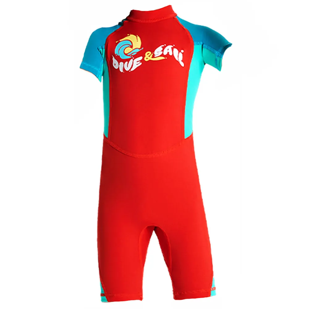 Knee Length Dive Red & Teal Green Printed Kids Swimwear In Upf 50  Fabric
