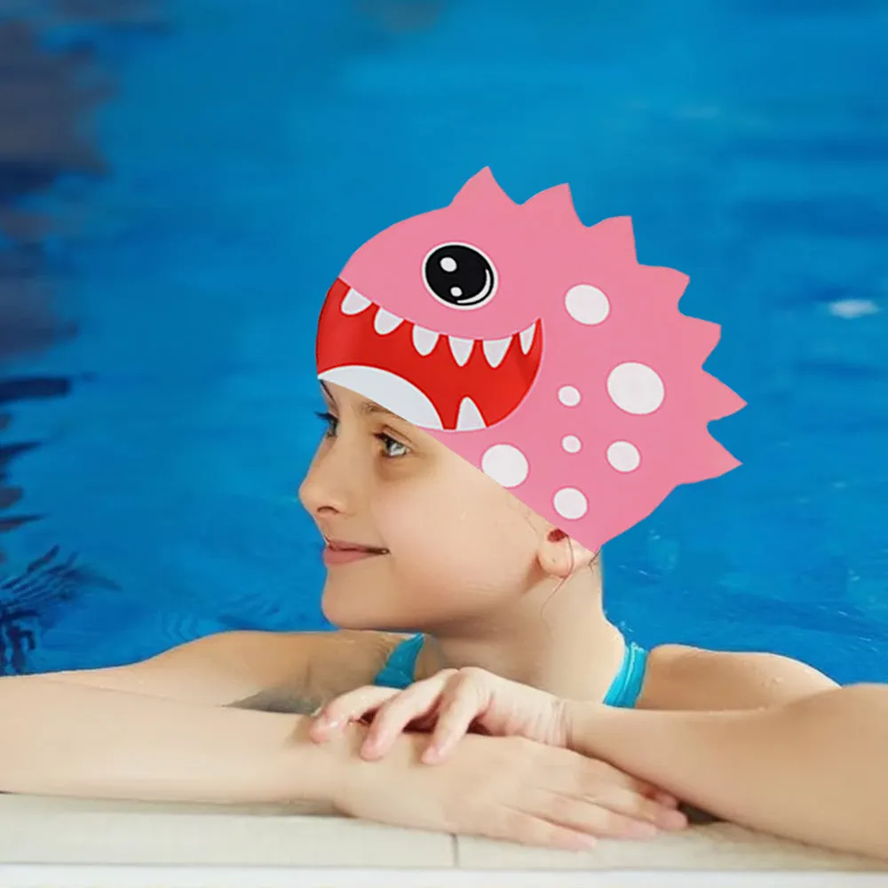 Little Surpise Box, 3d White Polka Pink , Silicone Kids Swim Cap, 5 years -15 years